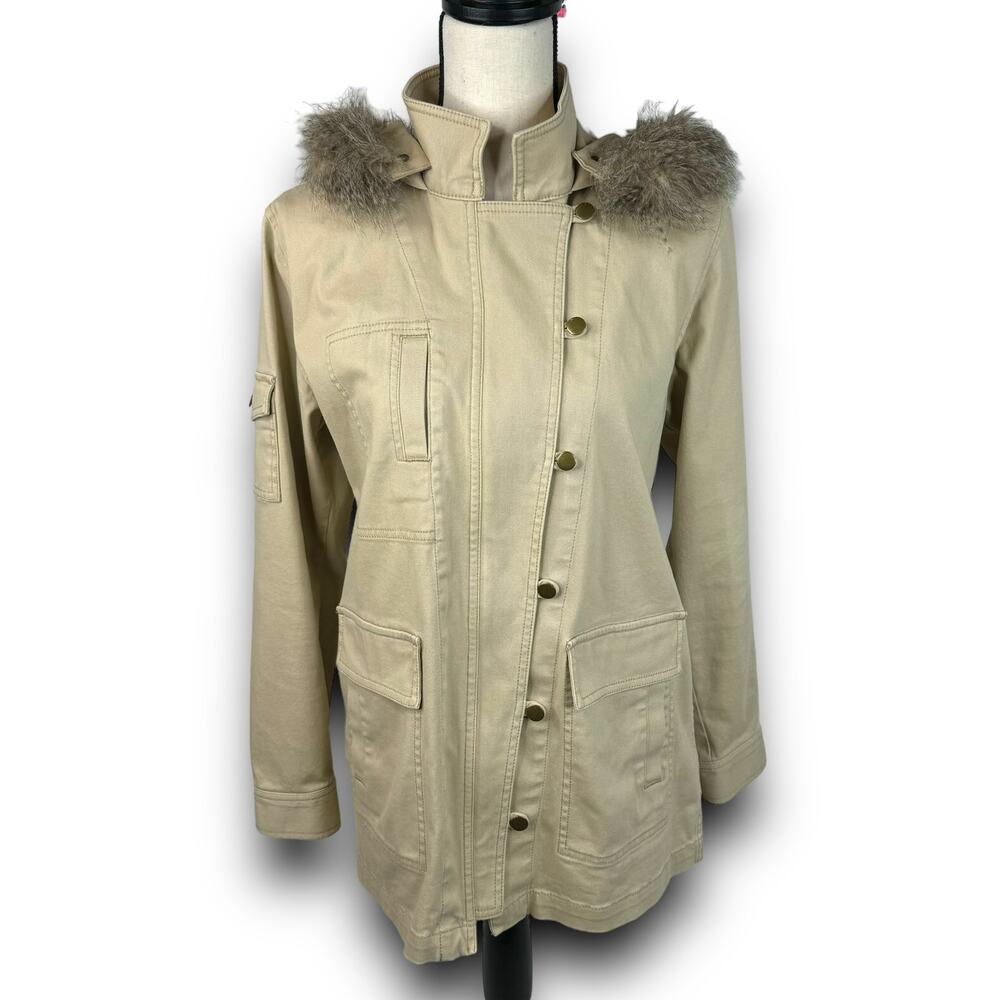 CAbi Nanook Tan Cotton Twill Utility Jacket Lightweight Faux Fur Hood Size Small - Picture 2 of 13